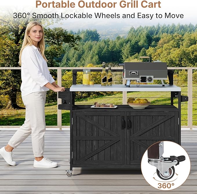 Zevemomo Outdoor Grill Cart with Raised Shelf, Stainless Steel Tabletop Outdoor Kitchen Island, Outdoor Buffet Cabinet with Lockable Wheels, Internal Storage Rack, Spice Rack for Grilling, Black