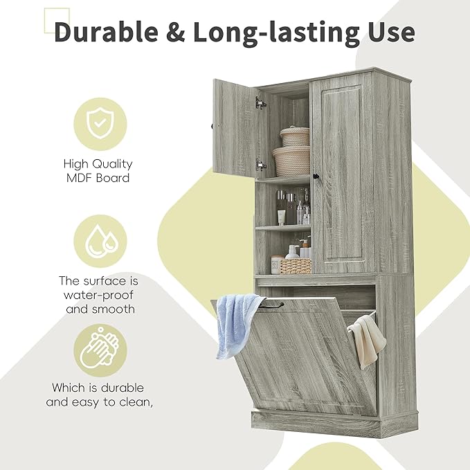 68" Tall Bathroom Storage Cabinet with Two Doors and Laundry Hamper for Home Display Organizer, Adjustable Shelf, Oak