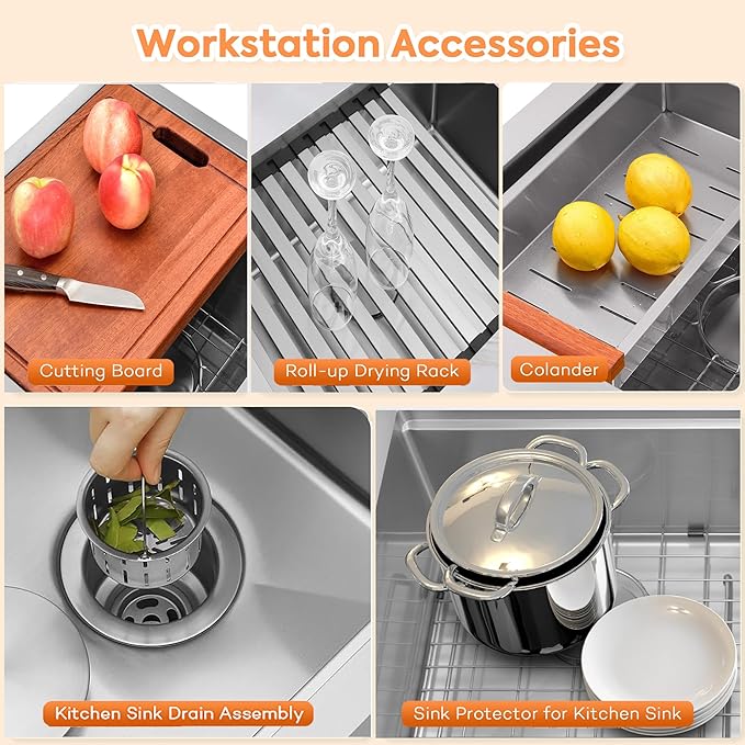 32 Inch Undermount Kitchen Sink, 16 Gauge T-304S Stainless Steel Workstation Sink with Accessories, 32" x 18" x 10" Large and Deep Single Bowl Kitchen Sink for Home, Kitchen and Outdoor