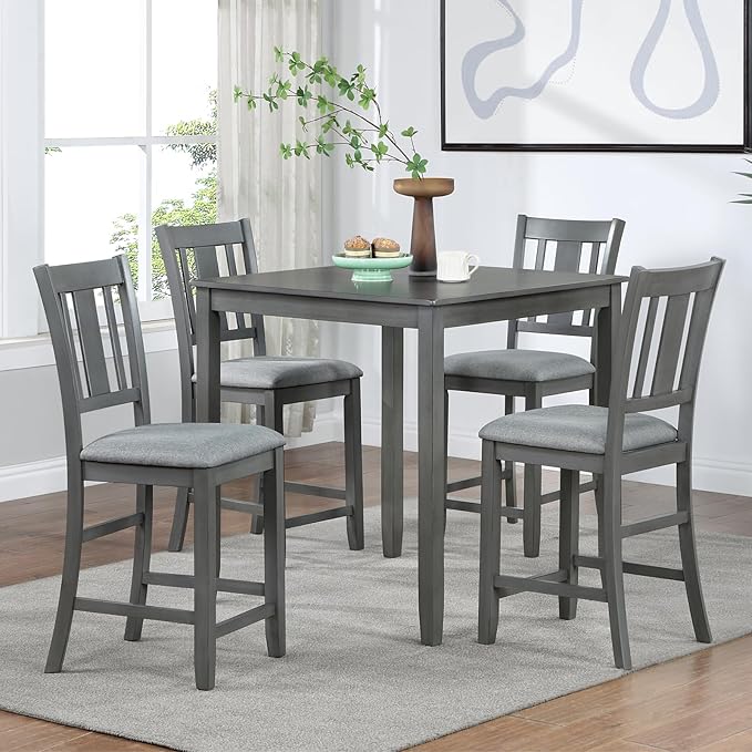 Set of 4 Dining Chairs, Wooden Kitchen Chairs with Padded Cushion, Upholstered Stools for Kitchen Island, Dining Room, Living Room, Easy Assembly (Gray - Slatted backrest)