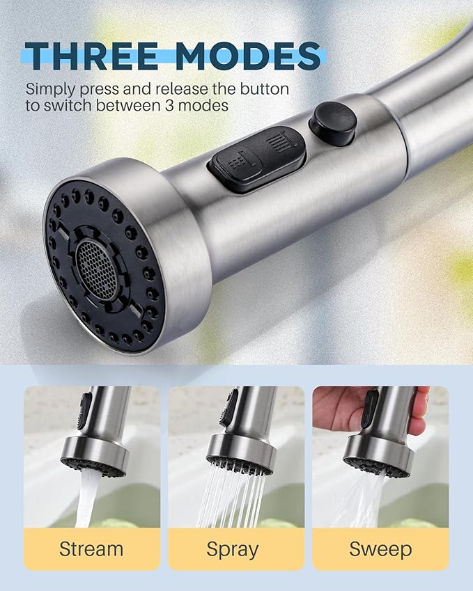 Stainless Steel Kitchen Faucet Head: ARCORA 3-Function Kitchen Faucet Head Replacement with 13 Adapters - Brushed Nickel Pull Down Spray Head Compatible with Moen, Delta, American Standard Faucets