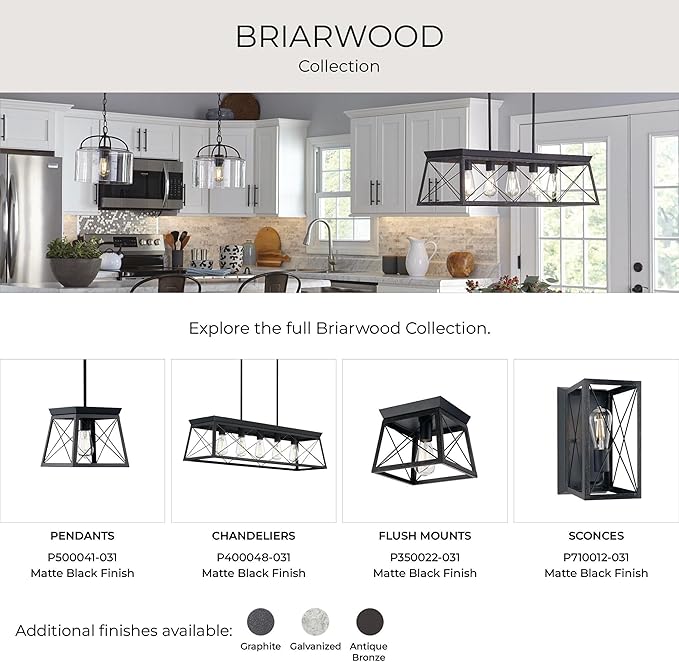 Progress Lighting Briarwood Collection 5-Light Dining Room Light Fixture, Farmhouse Style Modern Chandelier for Kitchen and Dining Room, 38" by 9", Black