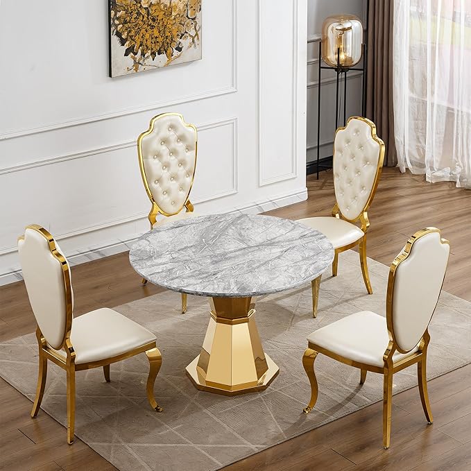 47" Round Marble Dining Table for 4-6, Luxury Modern Kitchen Table with Marble Grain MDF Tabletop & Gold Mirrored Stainless Steel Pedestal Base, Grey Stone Dinner Table for Dining Room (Table Only)