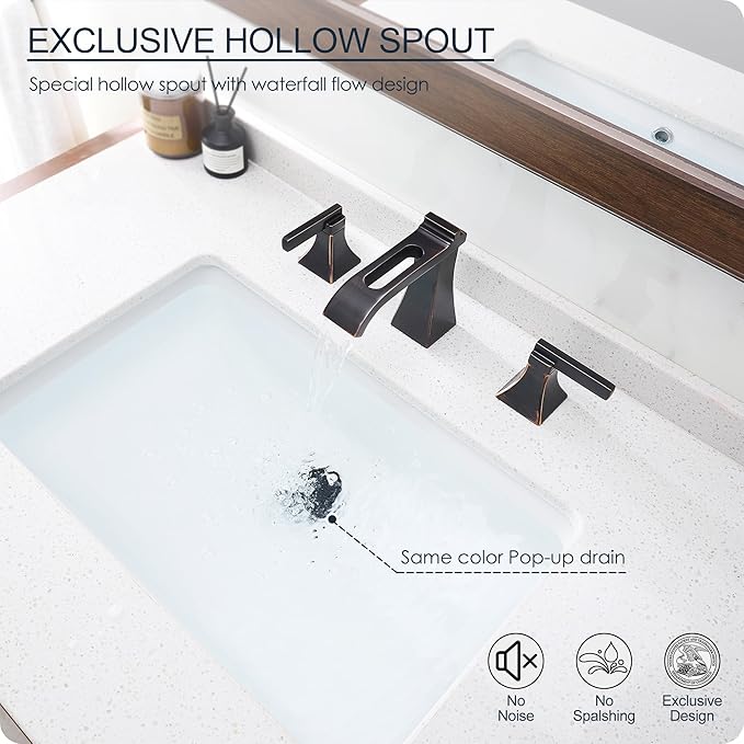 Oil Rubbed Bronze Bathroom Faucet 3 Hole, Brass Waterfall 8 Inch Widespread Bathroom Sink Faucet with Pop-Up Drain, cUPC Supply Lines, 2 Handles for Vanity, Farmhouse, Hollowed Design
