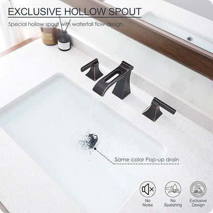 Oil Rubbed Bronze Bathroom Faucet 3 Hole, Brass Waterfall 8 Inch Widespread Bathroom Sink Faucet with Pop-Up Drain, cUPC Supply Lines, 2 Handles for Vanity, Farmhouse, Hollowed Design