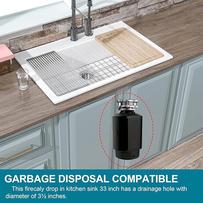 33x22 Drop In Kitchen Sink Workstation White 1 Hole, 33 Inch Large Fireclay Workstation Sink Drop In Single Bowl, Topmount, with 4 Accessories (Cutting Board Included), for Kitchen