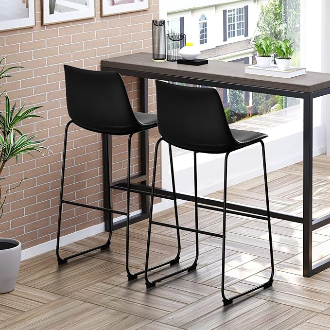 NicBex Retro Bar Stools Crazy-Horse Leather with Metal Legs Barstools, Lounge Kitchen Island Bar Stools, Set of 2, (Black Color) (A-GE17022-USSU014)