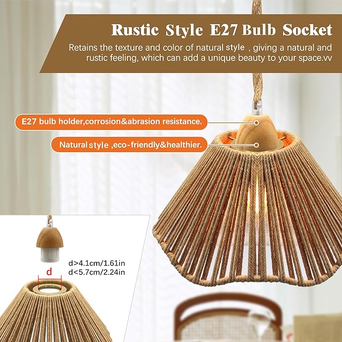 Farmhouse Hanging Lights with Plug in Cord, 16.7FT Rustic Hemp Rope Pendant Light Cord, 23x10 cm Hemp Rope Woven Lampshade Pendant Light Fixtures, E26 E27 Bulb Socket Boho Hanging Lamp, for Bedroom