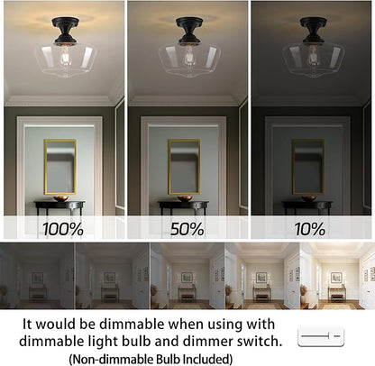 Black Schoolhouse Light Fixture 12" Mid Century Light Fixture Schoolhouse Light Fixtures Ceiling Clear Glass Semi Flush Mount Ceiling Lights for Bedroom Bathroom Kitchen(Bulb Incl.)