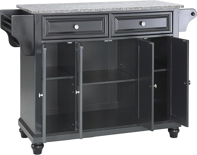 Crosley Furniture Cambridge Granite Top Rolling Kitchen Island Storage Cart, Microwave Stand, Spice Rack, Black