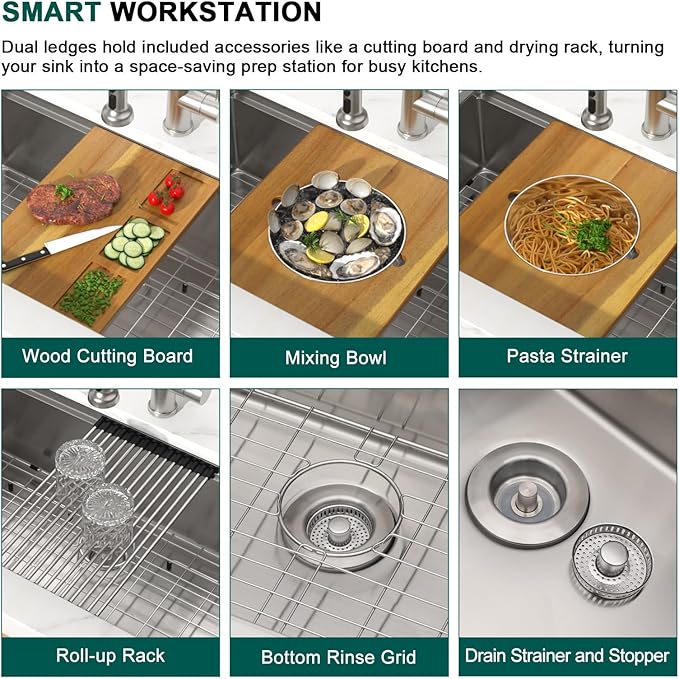 32 Undermount Kitchen Sink 16 Gauge 304 Stainless Steel Single Bowl Multifunctional 32x19 Undermount Workstation Sink with Accessories #TLU-0038