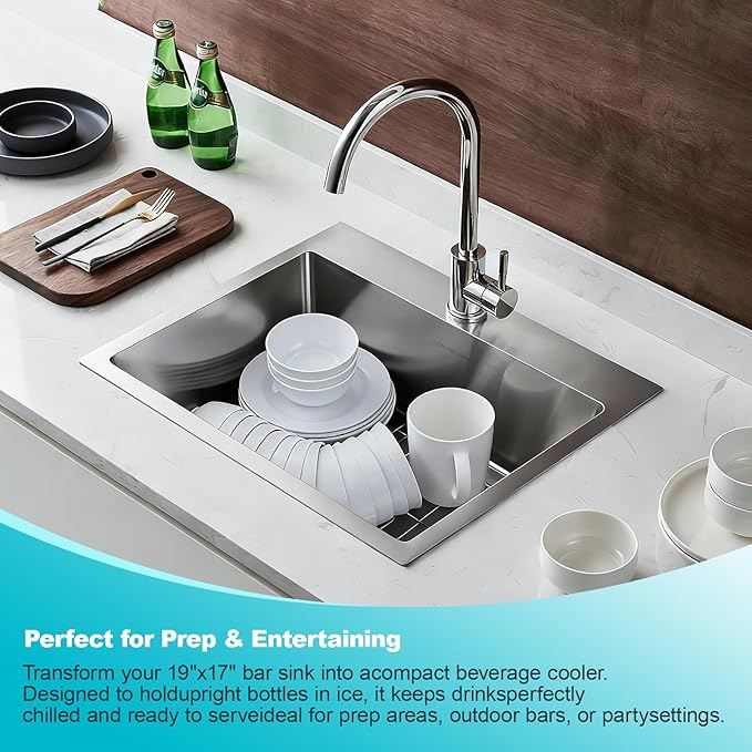Small Kitchen Sink 19x17x9 Inch Drop In Bar Sink - 18 Gauge Brushed Stainless Steel for RV Kitchen, Wet Bar, Outdoor Prep Sink