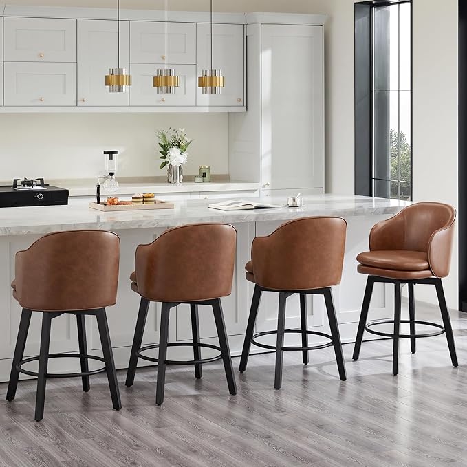 KISLOT Counter Height Barstools 26 inch Upholstered Swivel Bar Stools with Back for Kitchen Island,Set of 2,Brown PU Leather