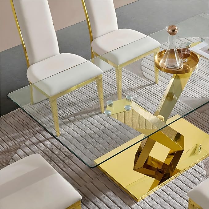Modern 70" Gold Glass Dining Table for 6-8,Luxury Rectangular Kitchen Table with Clear Glass Desktop and Golden Mirrored Stainless Steel Legs,Large Kitchen Table for Dining Room Office(Only Table)