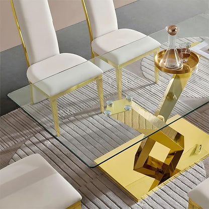 Modern 70" Gold Glass Dining Table for 6-8,Luxury Rectangular Kitchen Table with Clear Glass Desktop and Golden Mirrored Stainless Steel Legs,Large Kitchen Table for Dining Room Office(Only Table)