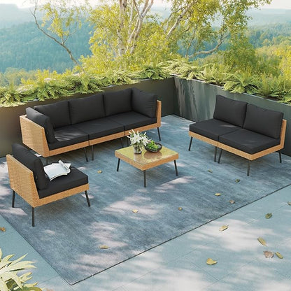 Aoxun Patio Furniture Set, 7 Piece Outdoor Sectional Sofas with Thick Cushion, Wicker Outdoor Patio Furniture Set with Coffee Table for Party, Garden, Backyard, Black