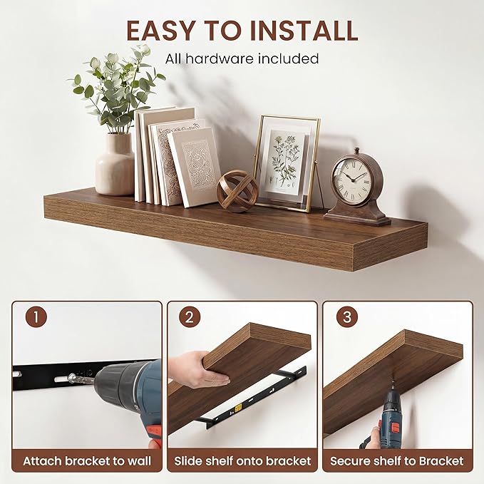 Dreamland 16 Inches Floating Shelves for Wall, 9.3" Deep Long Floating Shelves Set of 2, Large Display & Storage Shelf, Wall Shelf for Bathroom Bedroom Living Room Kitchen Office, Walnut