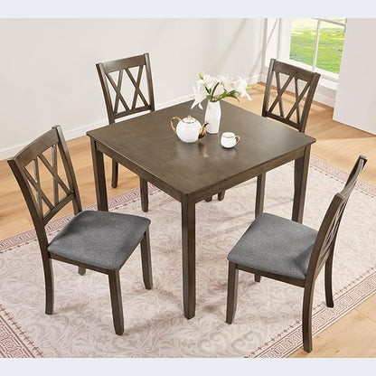 Elegant 5-Piece Wooden Dining Table Set with 4 Upholstered Chairs, Modern Dining Table Set for 4 People, Kitchen Table and Chairs Set of 4 for Dining Room, Walnut