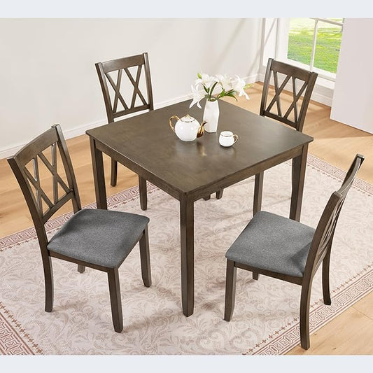 Elegant 5-Piece Wooden Dining Table Set with 4 Upholstered Chairs, Modern Dining Table Set for 4 People, Kitchen Table and Chairs Set of 4 for Dining Room, Walnut