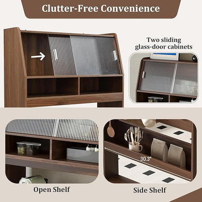 Compact Buffet with Hutch and Foldable Dining Table, Multifunctional Cupboard with Storage Shelf and Side Hooks, 2-in-1 Buffet for Small Places, Studio, Apartment (Walnut-9c)