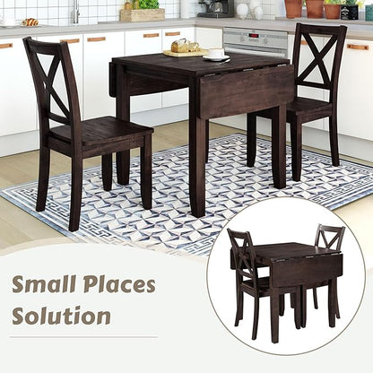 3-Piece Farmhouse Dining Table Set, Wood Drop Leaf Breakfast Nook Dining Table Set with 2 X-Back Chairs for Small Places (Espresso+Drop Leaf*)