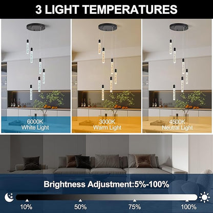 6 Light Pendant Lights Kitchen Island,Modern LED Bubble Crystal Pendants with Dimmable 3000K-6000K Ceiling Hanging Light Fixture for Dining Room Bedroom,Matte Black Finish,Adjustable Height 78"
