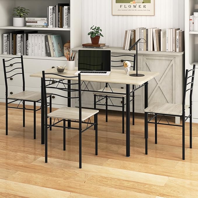 Giantex Modern 5 Piece Dining Table Set for 4 Chairs Wood Metal Kitchen Breakfast Furniture (Beech Wood)