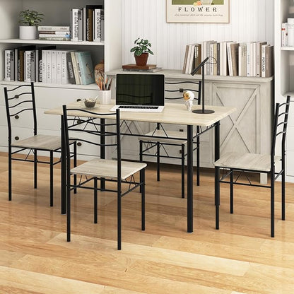 Giantex Modern 5 Piece Dining Table Set for 4 Chairs Wood Metal Kitchen Breakfast Furniture (Beech Wood)