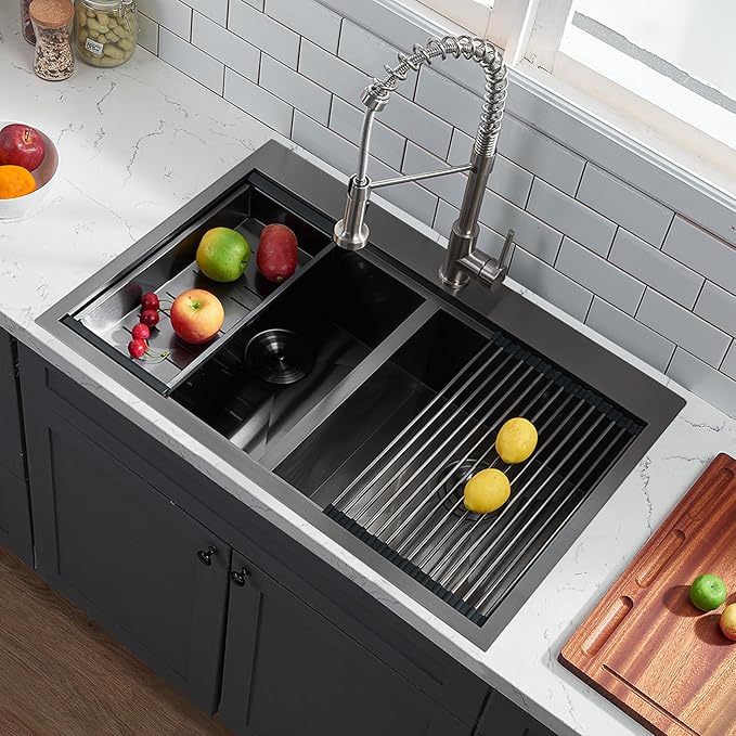 33x22 Double Bowl Kitchen Sink 33 Inch Black, Stainless Steel Drop in Double Basin Kitchen Sink, Topmonut 50/50 Kitchen Sinks Workstation Sink with Accessories
