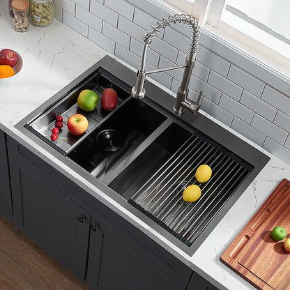 33x22 Double Bowl Kitchen Sink 33 Inch Black, Stainless Steel Drop in Double Basin Kitchen Sink, Topmonut 50/50 Kitchen Sinks Workstation Sink with Accessories