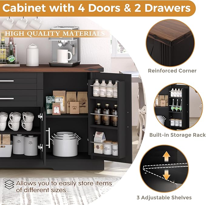 Buffet Cabinet with Storage, 63" Large Sideboard Storage Cabinet with Drawer, 4 Doors and Shelves, Modern Farmhouse Coffee Bar Table Kitchen Island Credenza for Kitchen, Dining, Living Room (Black)