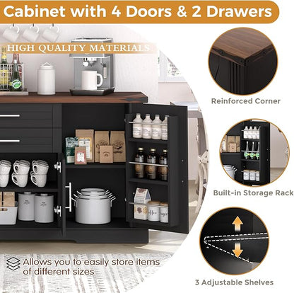 Buffet Cabinet with Storage, 63" Large Sideboard Storage Cabinet with Drawer, 4 Doors and Shelves, Modern Farmhouse Coffee Bar Table Kitchen Island Credenza for Kitchen, Dining, Living Room (Black)
