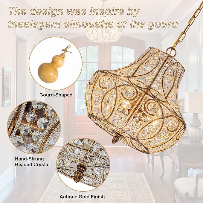 4-Light Antique Gold Gourd Beaded Chandelier, 13" Vintage Crystal Pendant Lighting Fixture for Dining Room, Living Room, Kitchen Island, Bedroom
