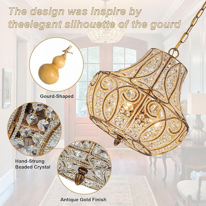 4-Light Antique Gold Gourd Beaded Chandelier, 13" Vintage Crystal Pendant Lighting Fixture for Dining Room, Living Room, Kitchen Island, Bedroom