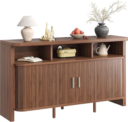 IRONCK 55" Sideboard Buffet Cabinet with Storage, Fluted Credenza with Sliding Door & Open Shelf, Mid Century Modern Accent Coffee Bar Console Table for Kitchen, Living Room, Entryway, Walnut