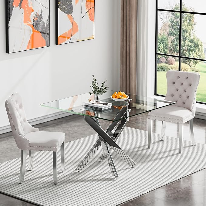 Square Glass Dining Table,Glass Dining Room Table with Metal Legs, Modern Kitchen Table for Home, Kitchen, Dining Room