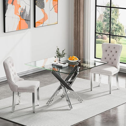 Square Glass Dining Table,Glass Dining Room Table with Metal Legs, Modern Kitchen Table for Home, Kitchen, Dining Room