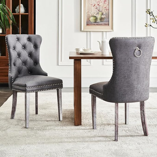 Eifizek Leather Dining Chair Set of 4, Dining Room Chairs with Nailhead Ring Pull Trim, Upholstered Dining Chairs with Solid Wood Legs for Kitchen Dining Room (Grey)