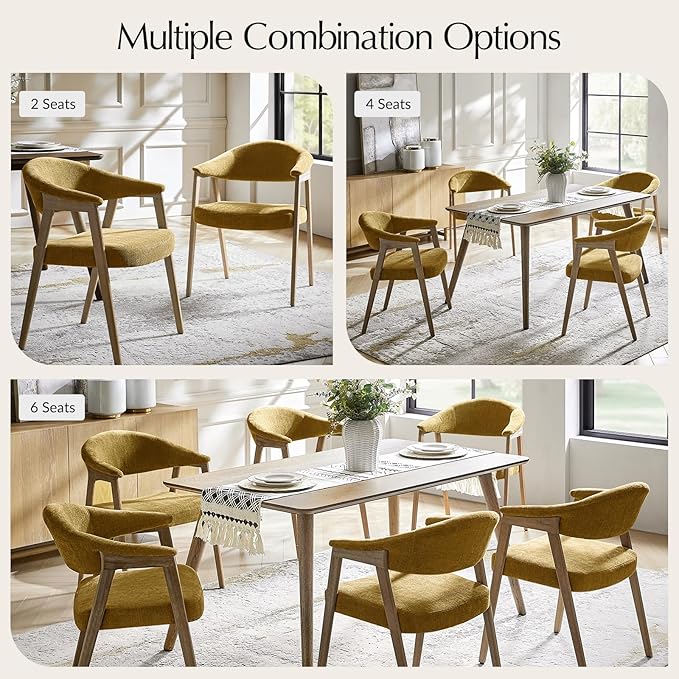 HULALA HOME Dining Chairs with Arm Set of 4, Mid-Century Modern Upholstered Kitchen Dining Room Chair with Solid Wood Legs & Curved Backtrst, Armchairs Accent Chairs for Living Room - Golden