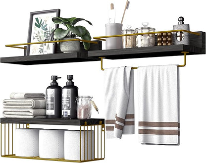 PopiShelves Bathroom Shelves Over Toilet for Wall, Floating Shelves with Storage Basket Paper Holer for Kitchen Living Room, Bedroom & Classroom, Set of 3 (Black and Gold)