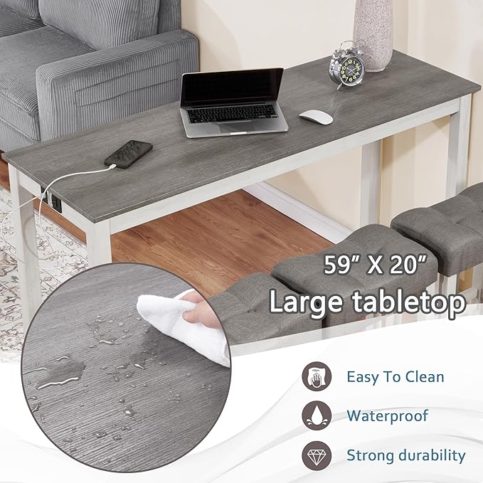 4-Piece Wooden Counter-Table Set with Power Outlet, Industrial Kitchen Dining Tables with 3 Upholstered Stools, 59 Inch Farmhouse Bar Table Chairs w/USB and Type-C Ports, White