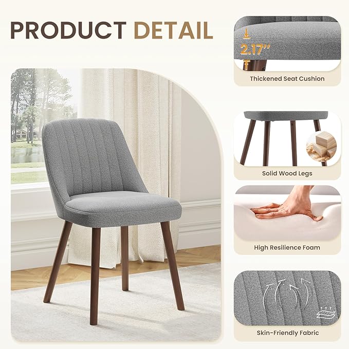 MALOL Upholstered Dining Chairs Set of 2, Modern Fabric Kitchen Chairs with Back, Wood Legs for Kitchen Dining Room Restaurant, Grey