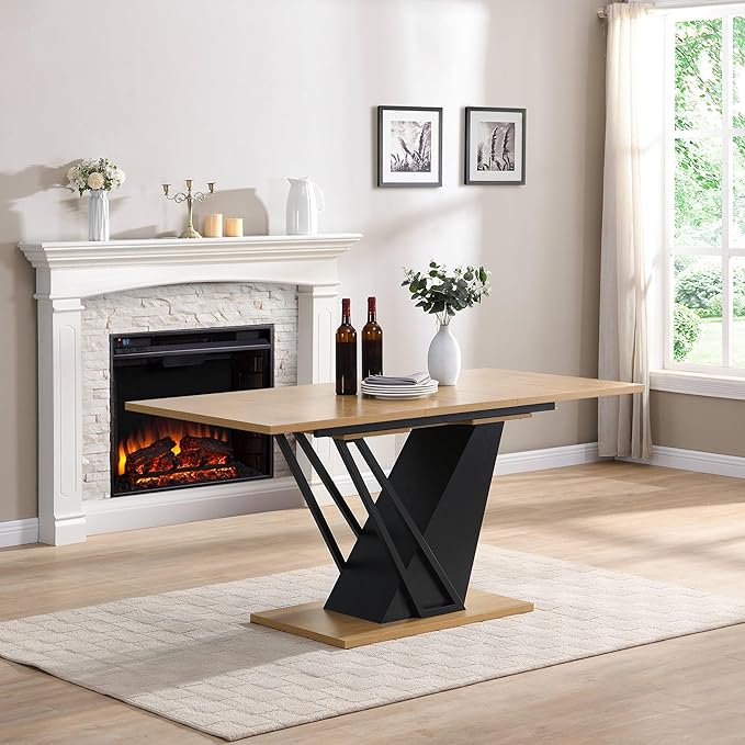 62" Extendable Island Table, Rustic Dining Table with Metal Frame, Mid Century Dining Table with MDF Top for Kitchen Dining Office, Black+Natural