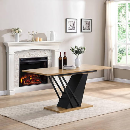 62" Extendable Island Table, Rustic Dining Table with Metal Frame, Mid Century Dining Table with MDF Top for Kitchen Dining Office, Black+Natural