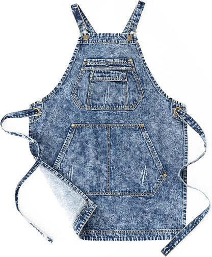 Jeanerlor - Cotton Denim Apron with Pockets for Men - Jean Apron for Hairstylis Cross Straps & Adjustable L to XXL (Denim Blue)