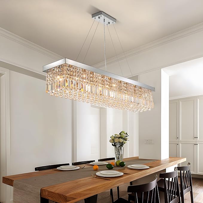 Modern Silver Rectangular Crystal Chandelier,10-Light Modern Chandelier,K9 Crystal Rectangle Chandelier,Farmhouse Pendant Light Fixture for Kitchen Island Bar Bedroom L47 x W10 x H10
