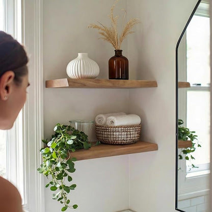 PERFNIQUE 24 Inch Floating Shelves Set of 2, Solid Elm Wood Rustic Live Edge Wall Decor Shelves - Invisible Bracket Mount for Living Room, Kitchen, Bathroom, Natural.