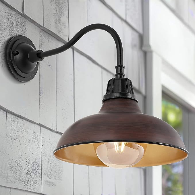 JONATHAN Y 12.25" 1-Light Wood Finish/Copper Farmhouse Industrial Outdoor Sconce, LED Gooseneck Wall Light for Porch, Metal Bowl Shade, Dimmable Vintage Exterior Fixture, LED Bulb Included (JYL7613G)