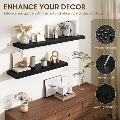 Fun Memories Floating Shelves for Wall, 30 Inch Long Floating Shelves Set of 2, 30 x 10 Wooden Shelves for Wall, Large Storage Shelves, Hanging Shelves for Bathroom Kitchen Bedroom, Black