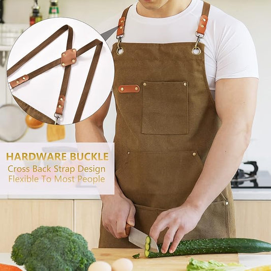 Aoomzoon Canvas Aprons for Men Chef Apron, Work Apron with Large Pockets - 16oz Heavy Duty Cross Back, BBQ, Cooking